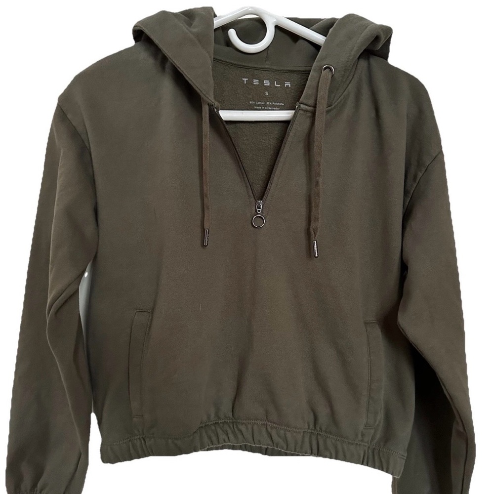 Tesla Chill Cropped Army Green Half Zip Hoodie Women’s Sweatshirt Cars Utility-S